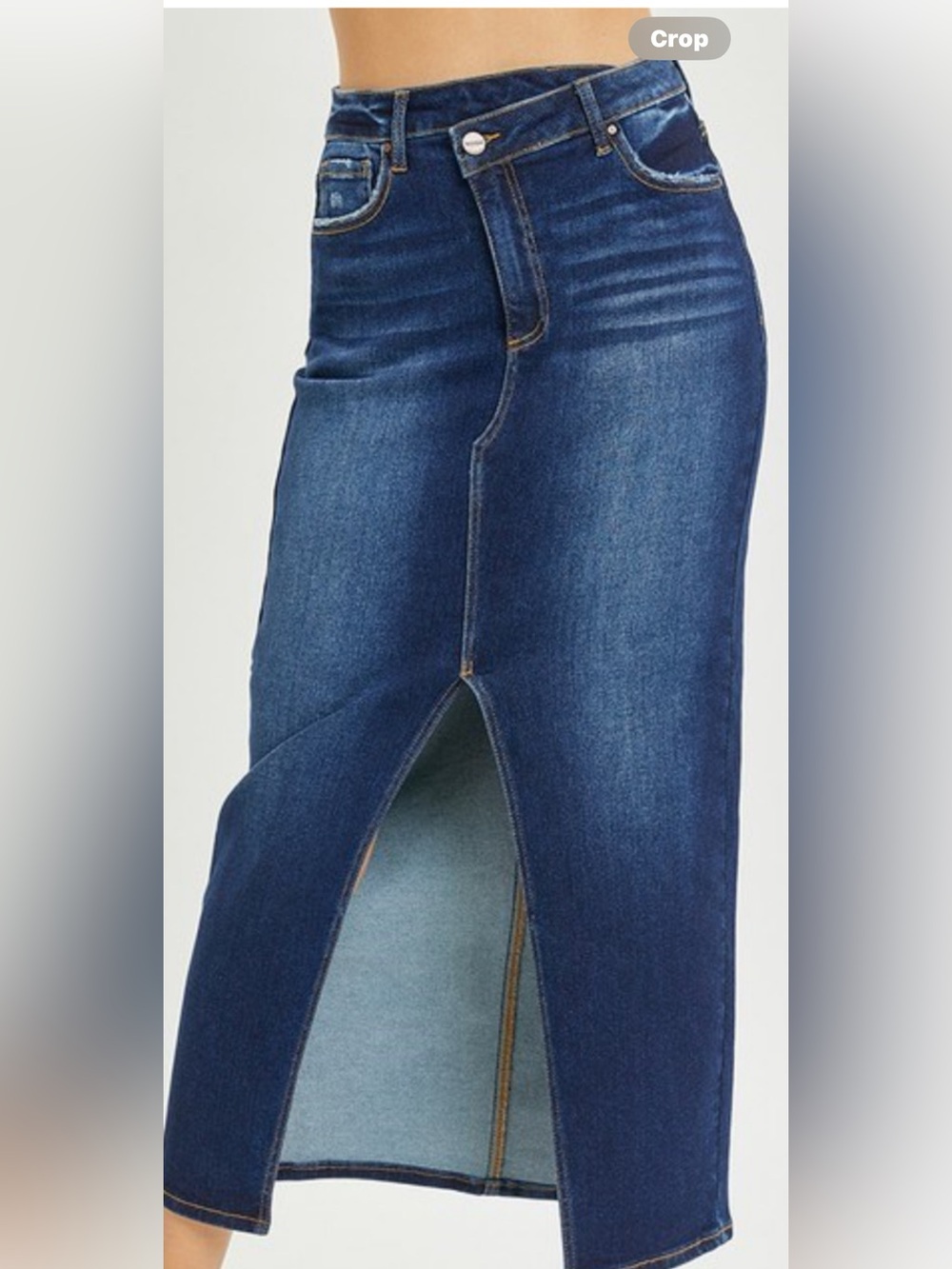 High-Rise Dark Blue Denim Maxi Skirt with Front Vent